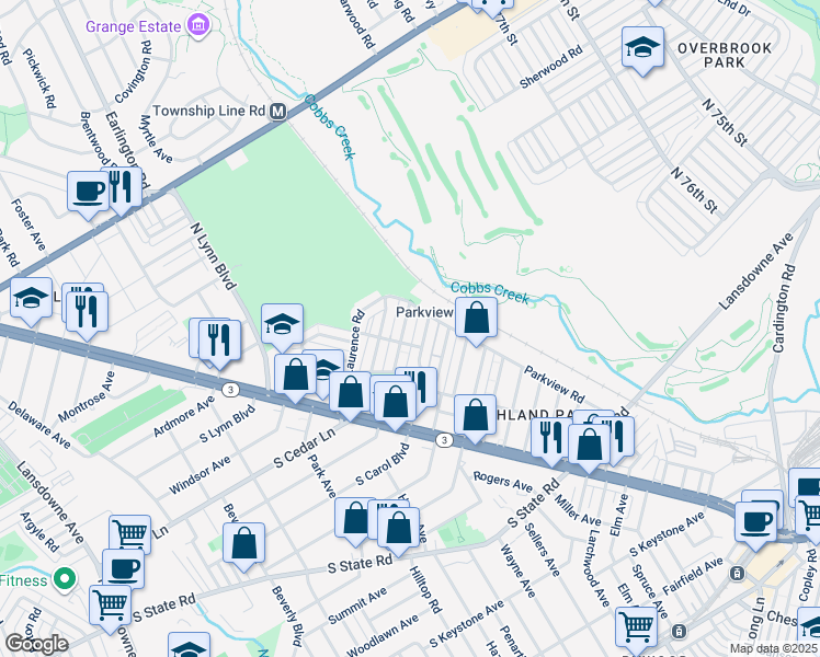 map of restaurants, bars, coffee shops, grocery stores, and more near 159 North Madison Avenue in Upper Darby