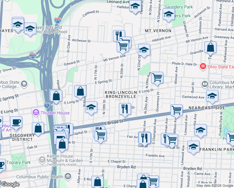 map of restaurants, bars, coffee shops, grocery stores, and more near 95-97 North 20th Street in Columbus