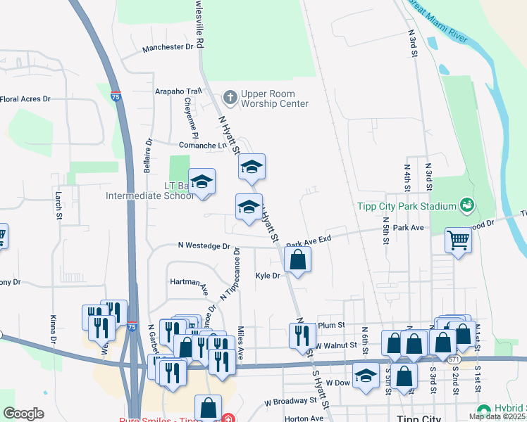 map of restaurants, bars, coffee shops, grocery stores, and more near 525 North Hyatt Street in Tipp City