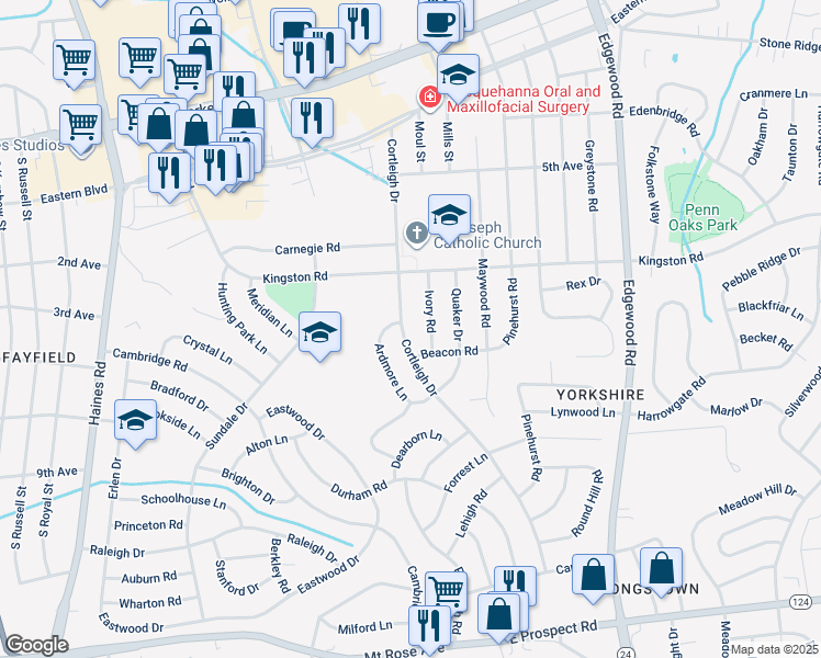 map of restaurants, bars, coffee shops, grocery stores, and more near 485 Cortleigh Drive in East York