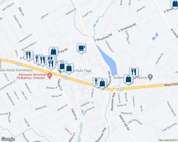 map of restaurants, bars, coffee shops, grocery stores, and more near 160 Melissa Lane in West Chester