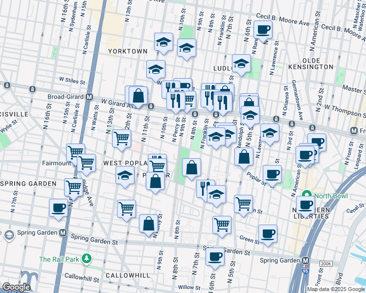 map of restaurants, bars, coffee shops, grocery stores, and more near 820 North 8th Street in Philadelphia