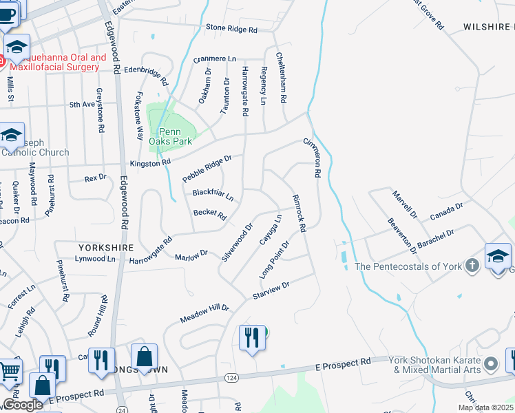 map of restaurants, bars, coffee shops, grocery stores, and more near 3706 Silverwood Drive in York