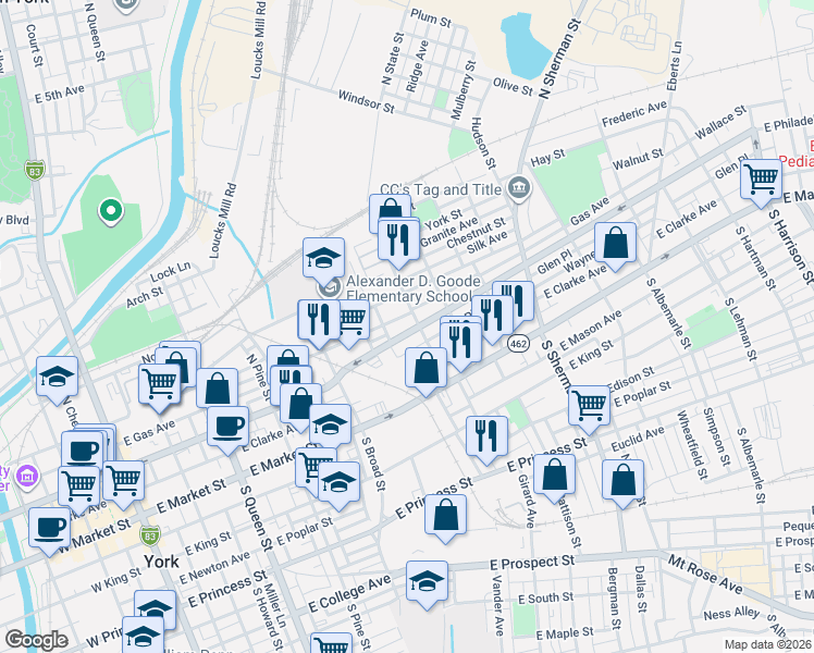 map of restaurants, bars, coffee shops, grocery stores, and more near 506 East Philadelphia Street in York