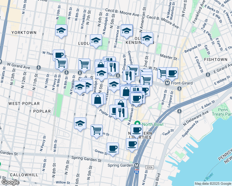 map of restaurants, bars, coffee shops, grocery stores, and more near 1101 North 4th Street in Philadelphia