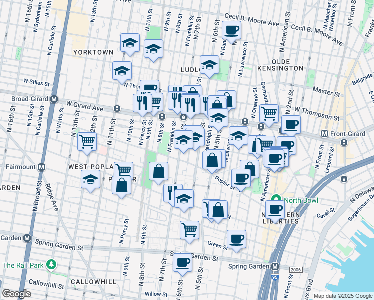 map of restaurants, bars, coffee shops, grocery stores, and more near 934 North Marshall Street in Philadelphia