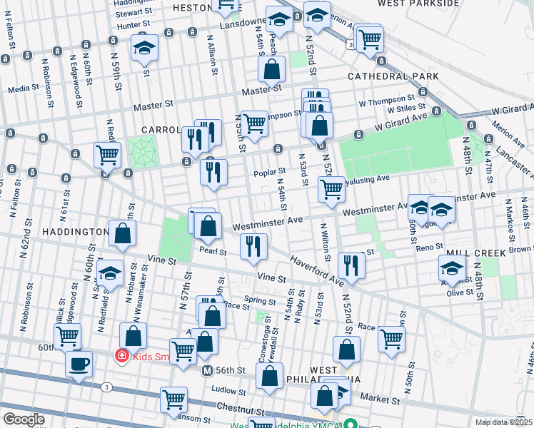 map of restaurants, bars, coffee shops, grocery stores, and more near 5426 Pennsgrove Street in Philadelphia