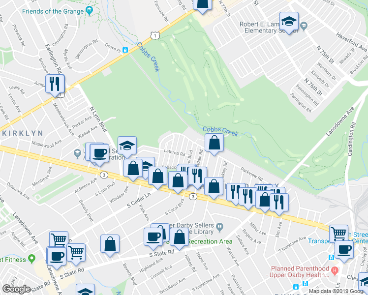 map of restaurants, bars, coffee shops, grocery stores, and more near 159 North Madison Avenue in Upper Darby