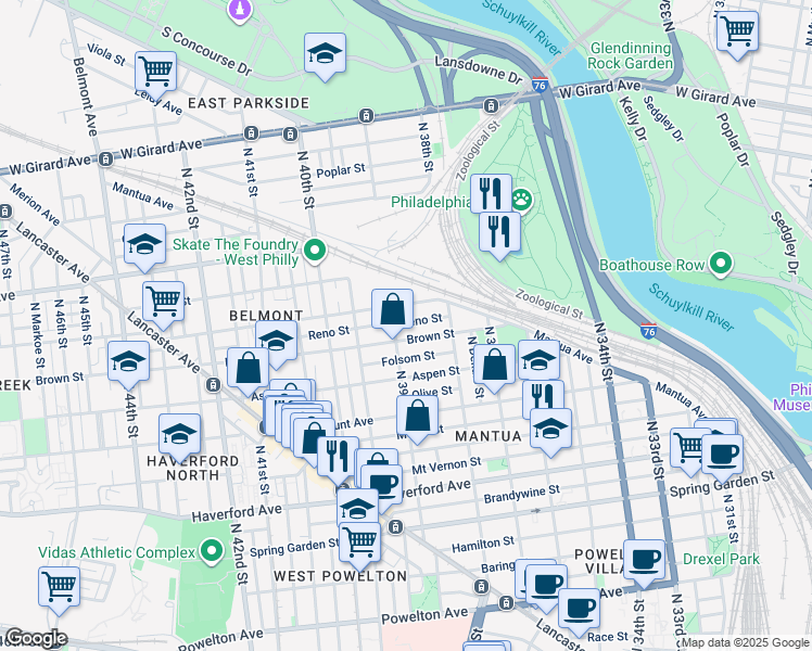 map of restaurants, bars, coffee shops, grocery stores, and more near 3854 Reno Street in Philadelphia