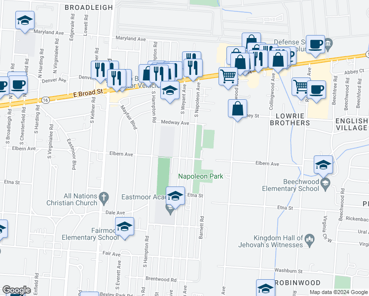 map of restaurants, bars, coffee shops, grocery stores, and more near 208 South Weyant Avenue in Columbus