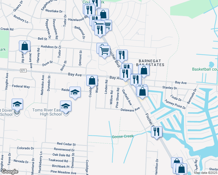 map of restaurants, bars, coffee shops, grocery stores, and more near 1179 Cottonwood Drive in Toms River