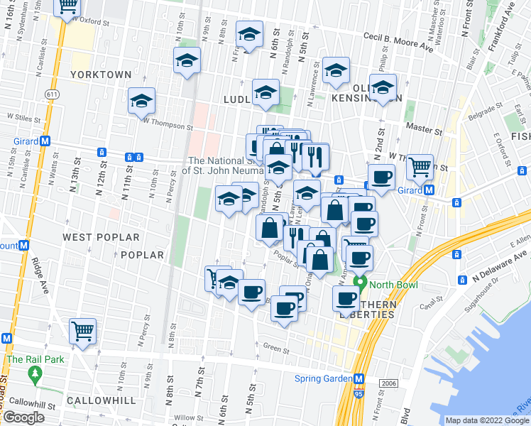map of restaurants, bars, coffee shops, grocery stores, and more near 949 North Randolph Street in Philadelphia