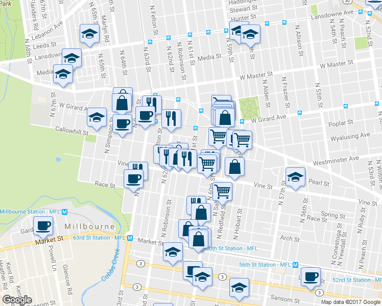 map of restaurants, bars, coffee shops, grocery stores, and more near 6100 Callowhill Street in Philadelphia