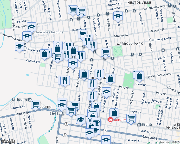 map of restaurants, bars, coffee shops, grocery stores, and more near 6100 Callowhill Street in Philadelphia