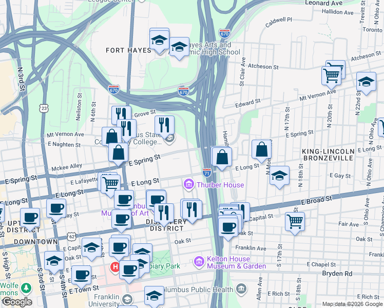 map of restaurants, bars, coffee shops, grocery stores, and more near 194 Jefferson Avenue in Columbus