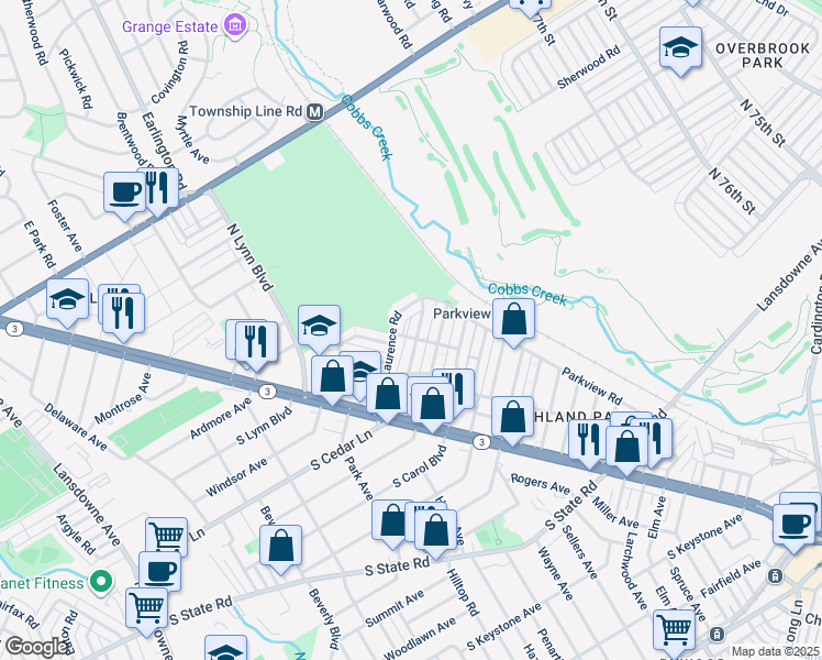 map of restaurants, bars, coffee shops, grocery stores, and more near 206 North Cedar Lane in Upper Darby