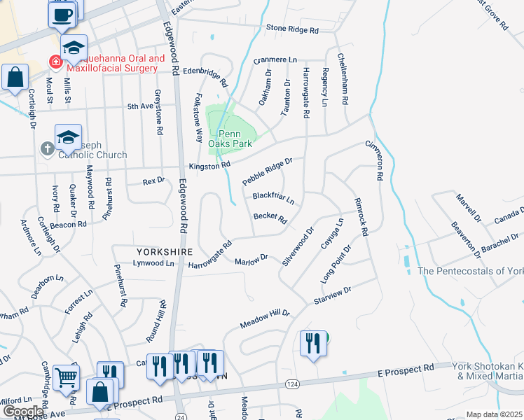 map of restaurants, bars, coffee shops, grocery stores, and more near 3415 Becket Road in York