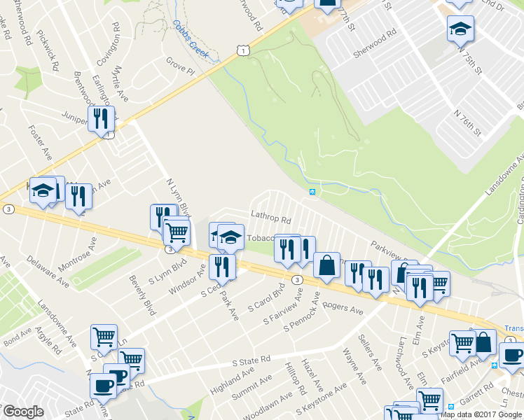 map of restaurants, bars, coffee shops, grocery stores, and more near 206 North Cedar Lane in Upper Darby