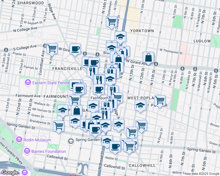 map of restaurants, bars, coffee shops, grocery stores, and more near 714 North Broad Street in Philadelphia