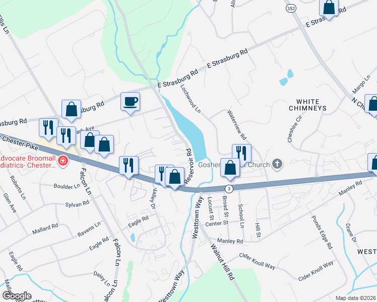 map of restaurants, bars, coffee shops, grocery stores, and more near 11 Reservoir Road in West Chester