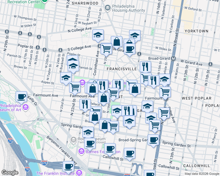 map of restaurants, bars, coffee shops, grocery stores, and more near 724 North 19th Street in Philadelphia