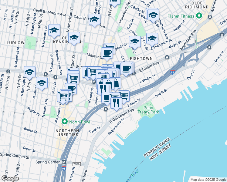 map of restaurants, bars, coffee shops, grocery stores, and more near 1112 Shackamaxon Street in Philadelphia