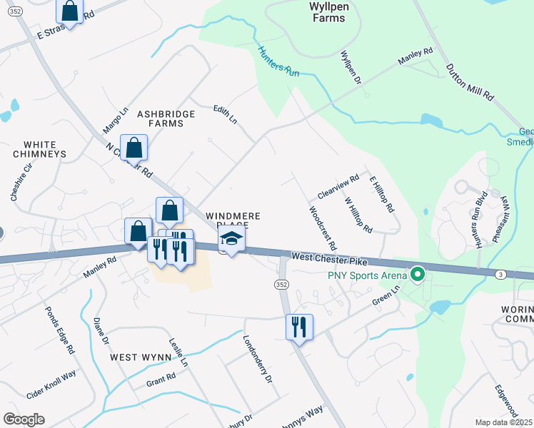 map of restaurants, bars, coffee shops, grocery stores, and more near 1524 Windermere Road in West Chester