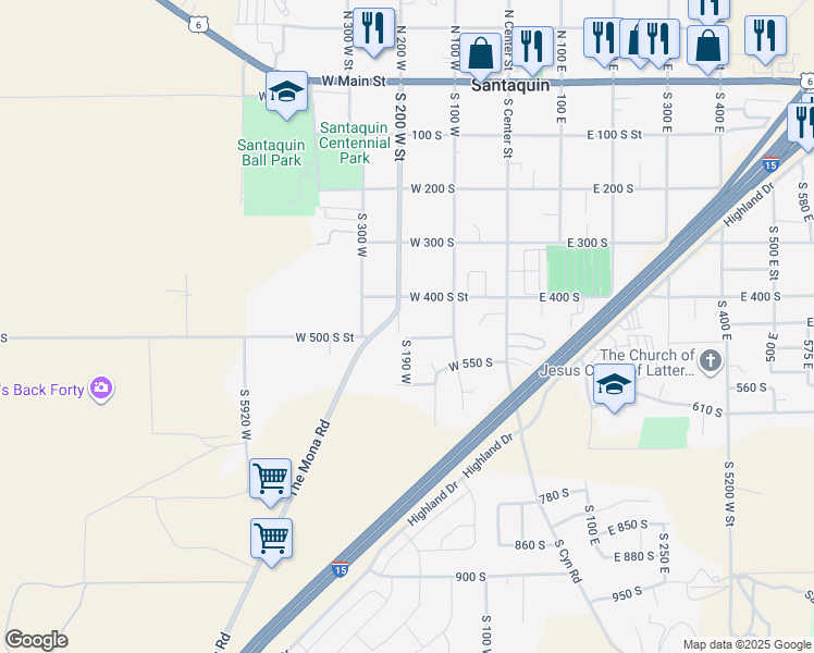 map of restaurants, bars, coffee shops, grocery stores, and more near 527 South 190 West in Santaquin
