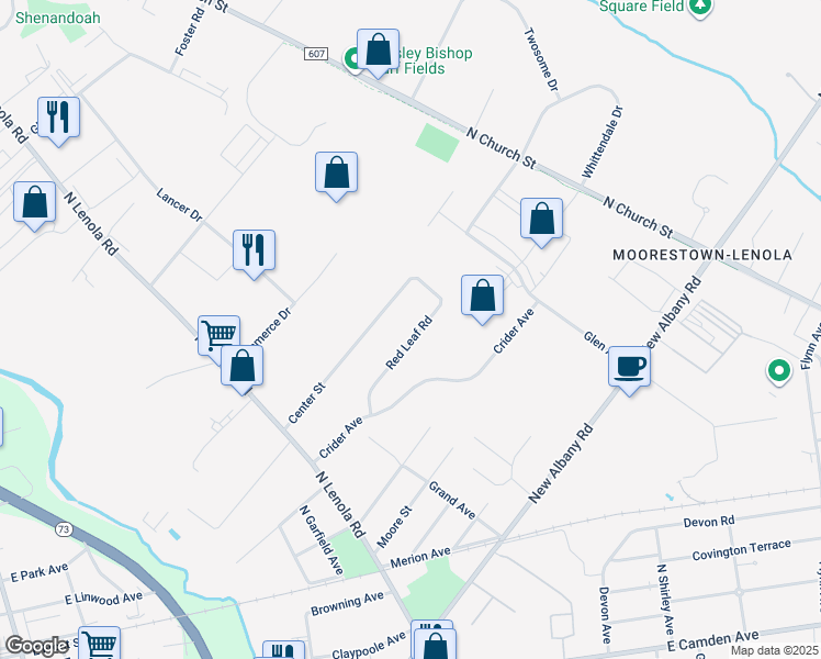 map of restaurants, bars, coffee shops, grocery stores, and more near 49 Red Leaf Road in Moorestown
