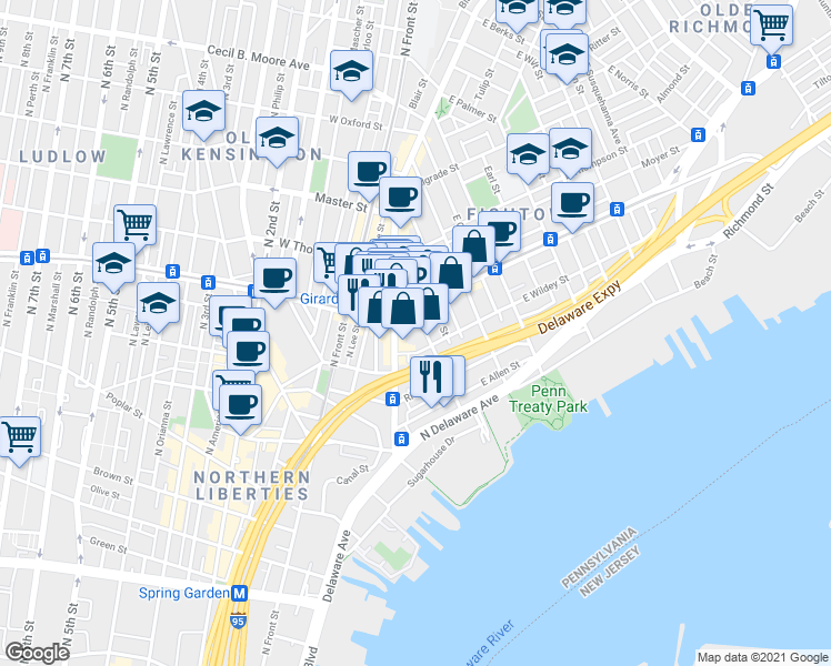 map of restaurants, bars, coffee shops, grocery stores, and more near 150 East Wildey Street in Philadelphia