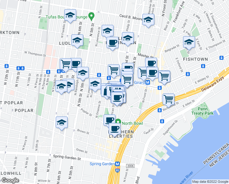 map of restaurants, bars, coffee shops, grocery stores, and more near 222 West George Street in Philadelphia