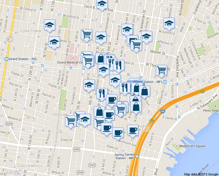 map of restaurants, bars, coffee shops, grocery stores, and more near 980 North Lawrence Street in Philadelphia