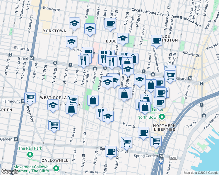 map of restaurants, bars, coffee shops, grocery stores, and more near 865 North 7th Street in Philadelphia