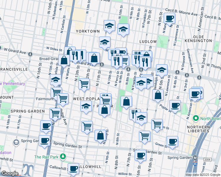 map of restaurants, bars, coffee shops, grocery stores, and more near 859 North 10th Street in Philadelphia