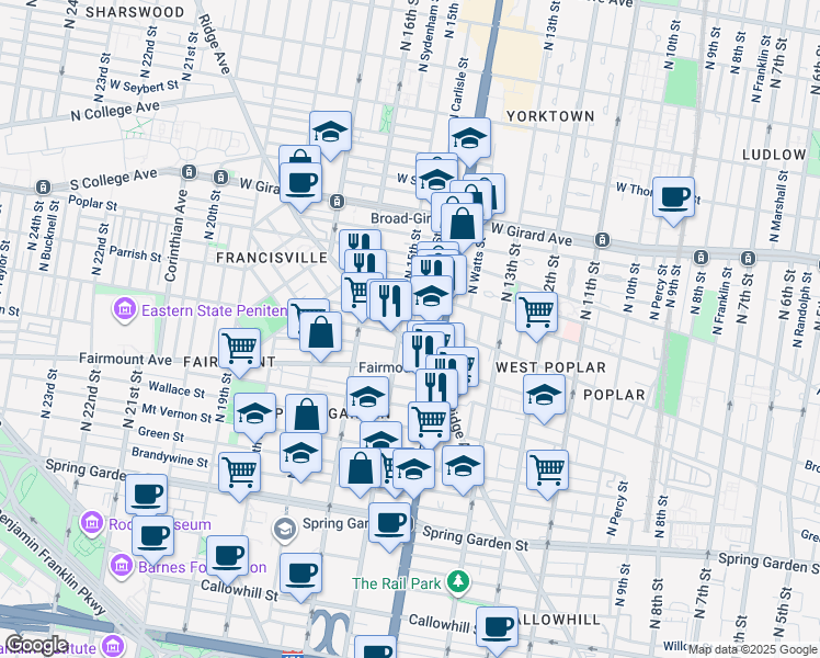 map of restaurants, bars, coffee shops, grocery stores, and more near 1431 Brown Street in Philadelphia