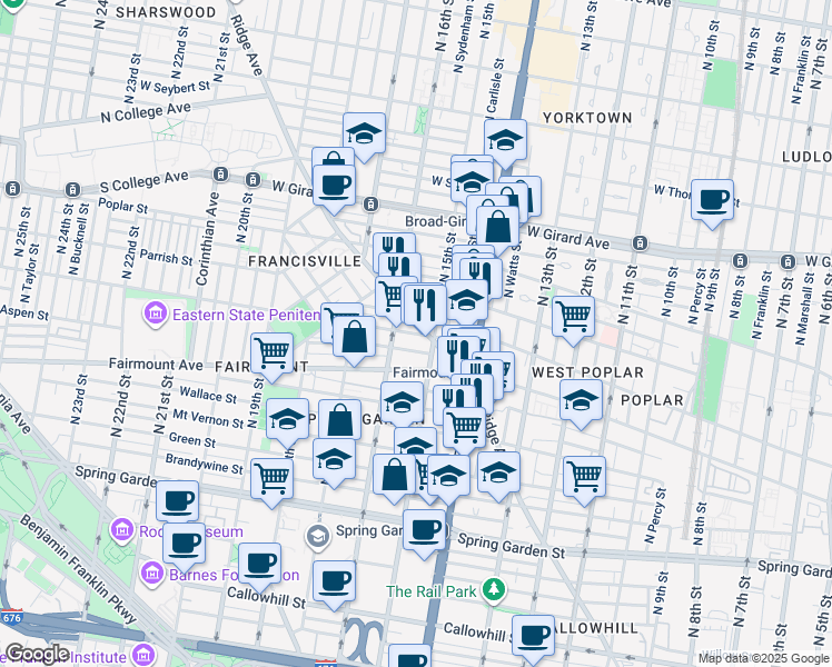 map of restaurants, bars, coffee shops, grocery stores, and more near 1422 Ridge Avenue in Philadelphia