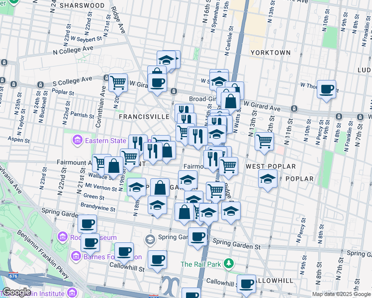 map of restaurants, bars, coffee shops, grocery stores, and more near 711 North 16th Street in Philadelphia