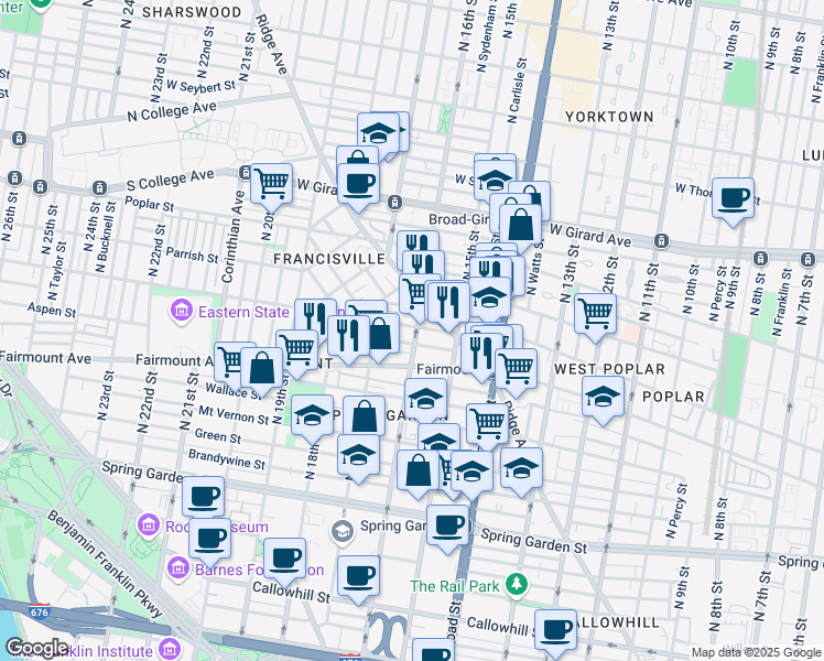 map of restaurants, bars, coffee shops, grocery stores, and more near 711 North 16th Street in Philadelphia