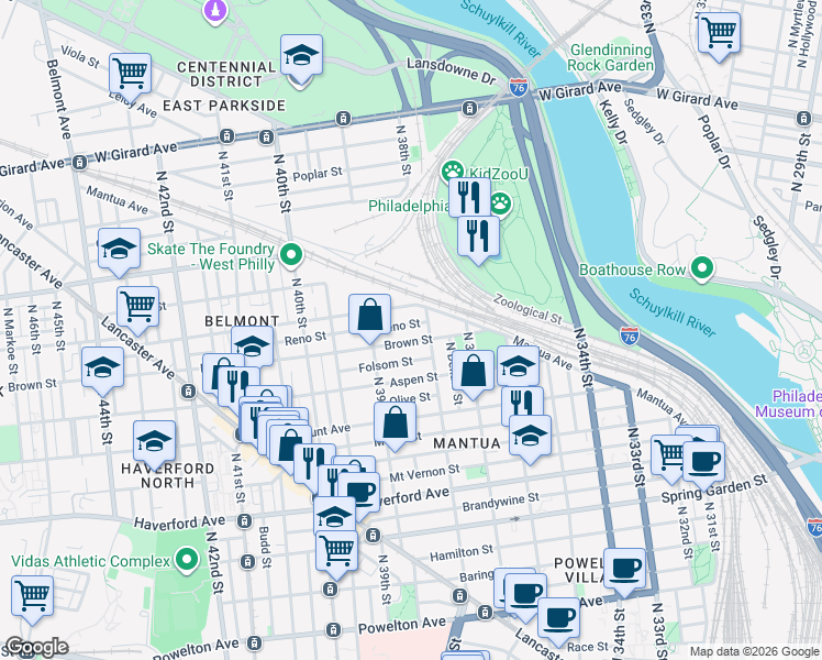 map of restaurants, bars, coffee shops, grocery stores, and more near 3842 Brown Street in Philadelphia