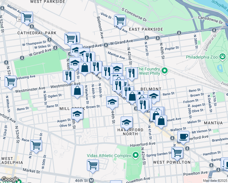 map of restaurants, bars, coffee shops, grocery stores, and more near 4400-04 Parrish Street in Philadelphia