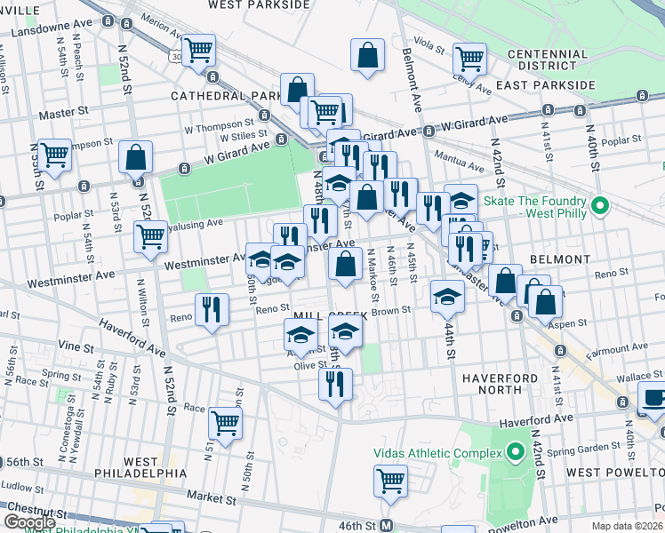 map of restaurants, bars, coffee shops, grocery stores, and more near 4709 Parrish Street in Philadelphia