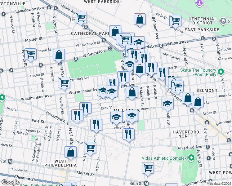 map of restaurants, bars, coffee shops, grocery stores, and more near 4813 Parrish Street in Philadelphia