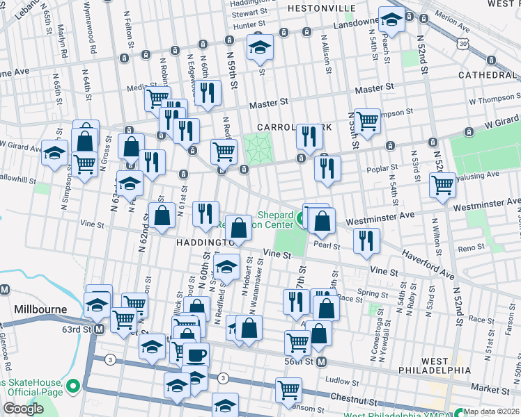 map of restaurants, bars, coffee shops, grocery stores, and more near 3 North 59th Street in Philadelphia