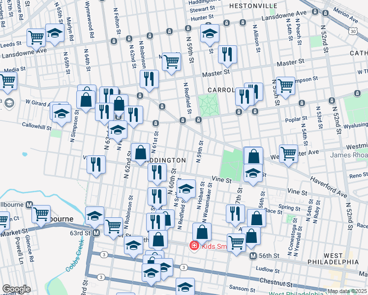 map of restaurants, bars, coffee shops, grocery stores, and more near 346 North Redfield Street in Philadelphia