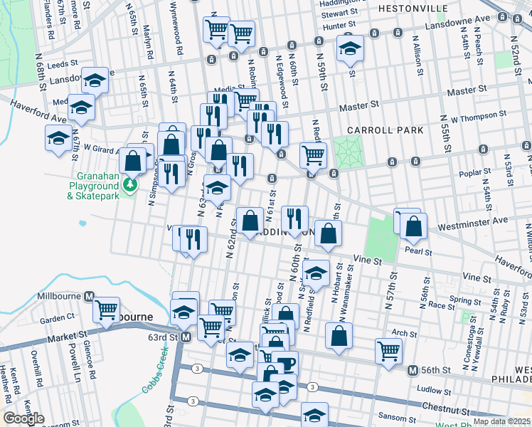map of restaurants, bars, coffee shops, grocery stores, and more near 323 North 61st Street in Philadelphia