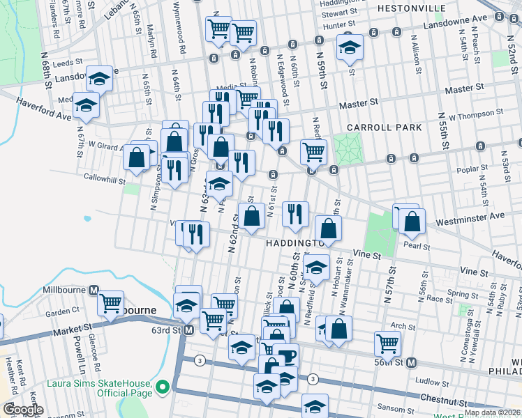 map of restaurants, bars, coffee shops, grocery stores, and more near 323 North 61st Street in Philadelphia