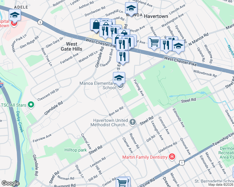 map of restaurants, bars, coffee shops, grocery stores, and more near 17 Pearson Lane in Havertown