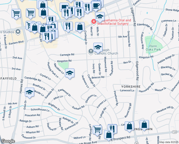 map of restaurants, bars, coffee shops, grocery stores, and more near 485 Cortleigh Drive in East York