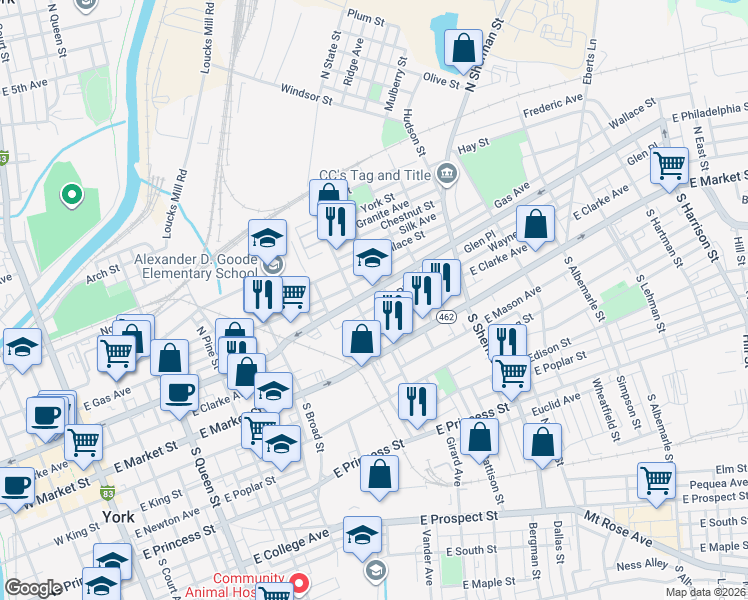 map of restaurants, bars, coffee shops, grocery stores, and more near 47 North State Street in York