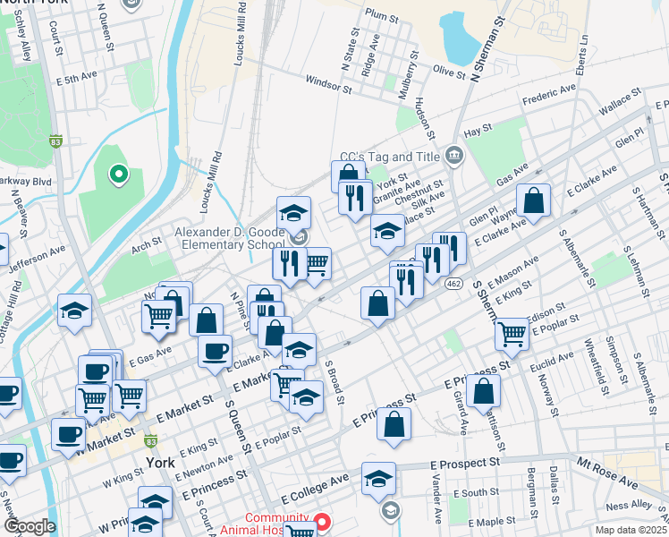 map of restaurants, bars, coffee shops, grocery stores, and more near 429 East Philadelphia Street in York